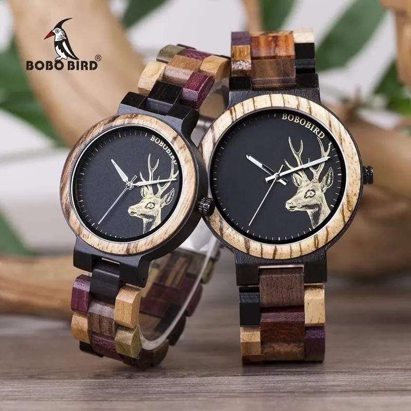 Quarzuhr für Männer, reloj mujer, Elchgravur, hölzerne Damenuhren in Holzbox, relogio masculino, tolles Geschenk für Liebhaber