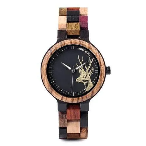 Quarzuhr für Männer, reloj mujer, Elchgravur, hölzerne Damenuhren in Holzbox, relogio masculino, tolles Geschenk für Liebhaber