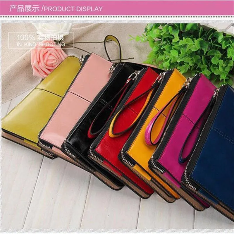 Damengeldbörsen Candy Oil Ledergeldbörse Langes Design Tageskupplung Lässige Dame Geldbörse Damen Handtasche Carteira Feminina A4