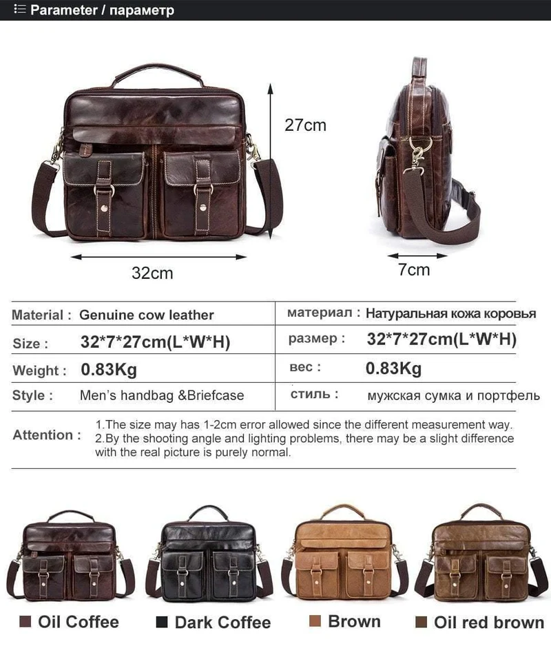Messenger Bag Herren Echtleder Aktentasche Mann Taschen Arbeit Business Casual Reisetasche für Dokumente Messenger Male 801