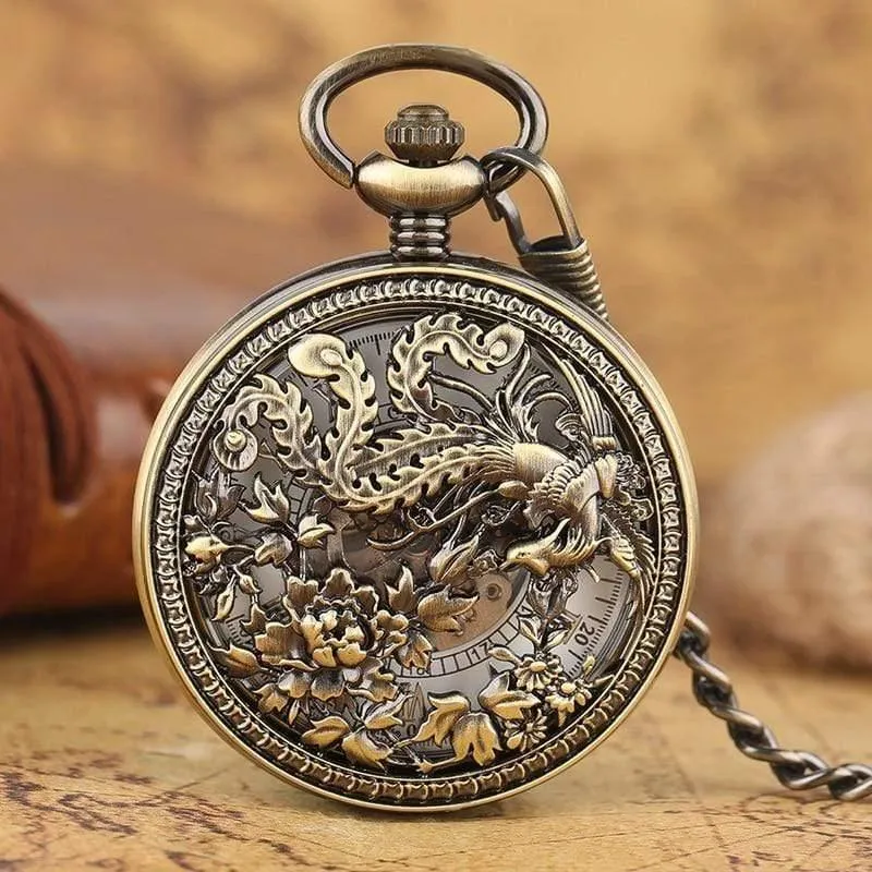 Taschenuhr Retro Hollow Phoenix mit Peaony Carving Fob Chain Einzigartige Art Clock Roman Liebhaber Freunde Geschenke