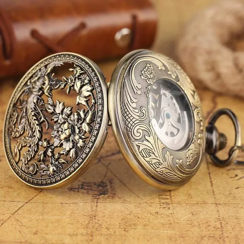Taschenuhr Retro Hollow Phoenix mit Peaony Carving Fob Chain Einzigartige Art Clock Roman Liebhaber Freunde Geschenke