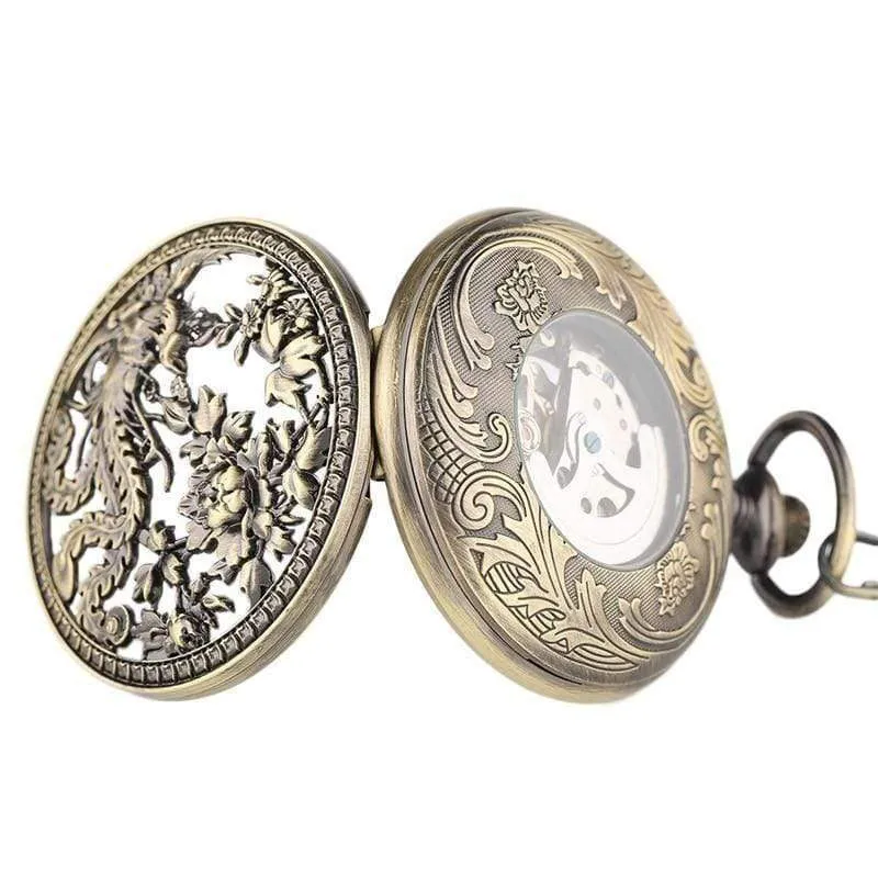 Taschenuhr Retro Hollow Phoenix mit Peaony Carving Fob Chain Einzigartige Art Clock Roman Liebhaber Freunde Geschenke
