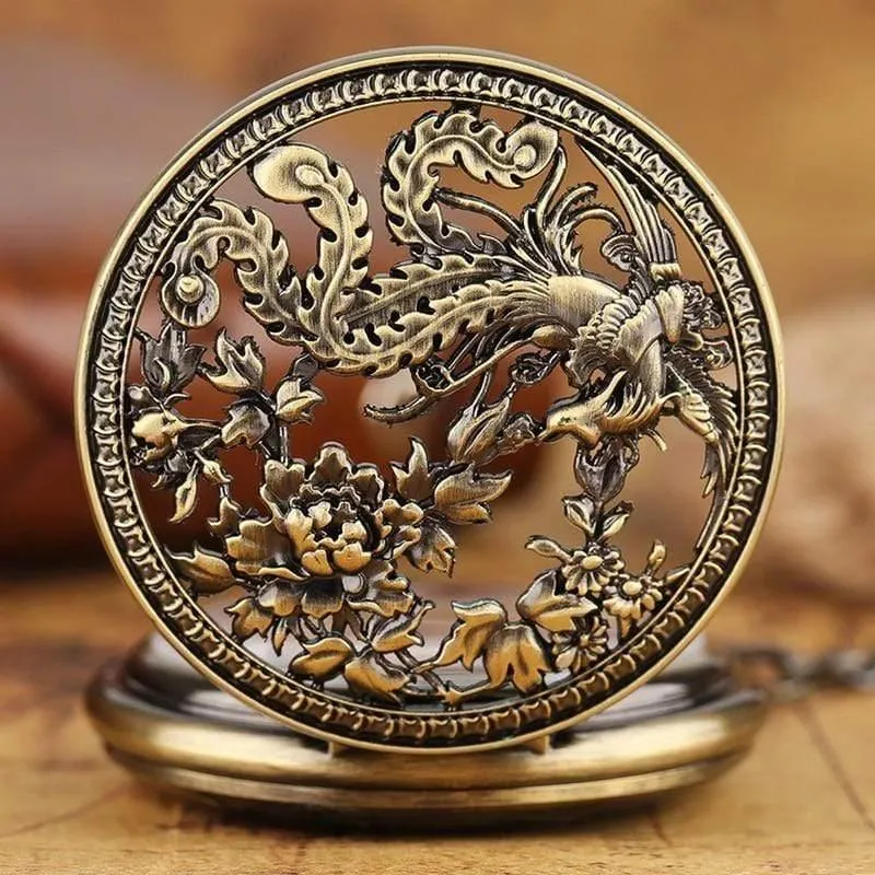 Taschenuhr Retro Hollow Phoenix mit Peaony Carving Fob Chain Einzigartige Art Clock Roman Liebhaber Freunde Geschenke