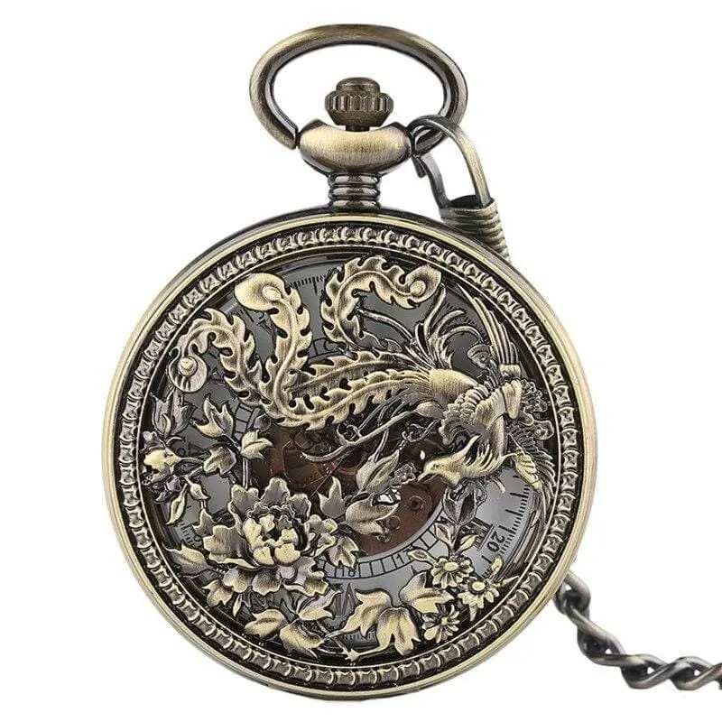 Taschenuhr Retro Hollow Phoenix mit Peaony Carving Fob Chain Einzigartige Art Clock Roman Liebhaber Freunde Geschenke