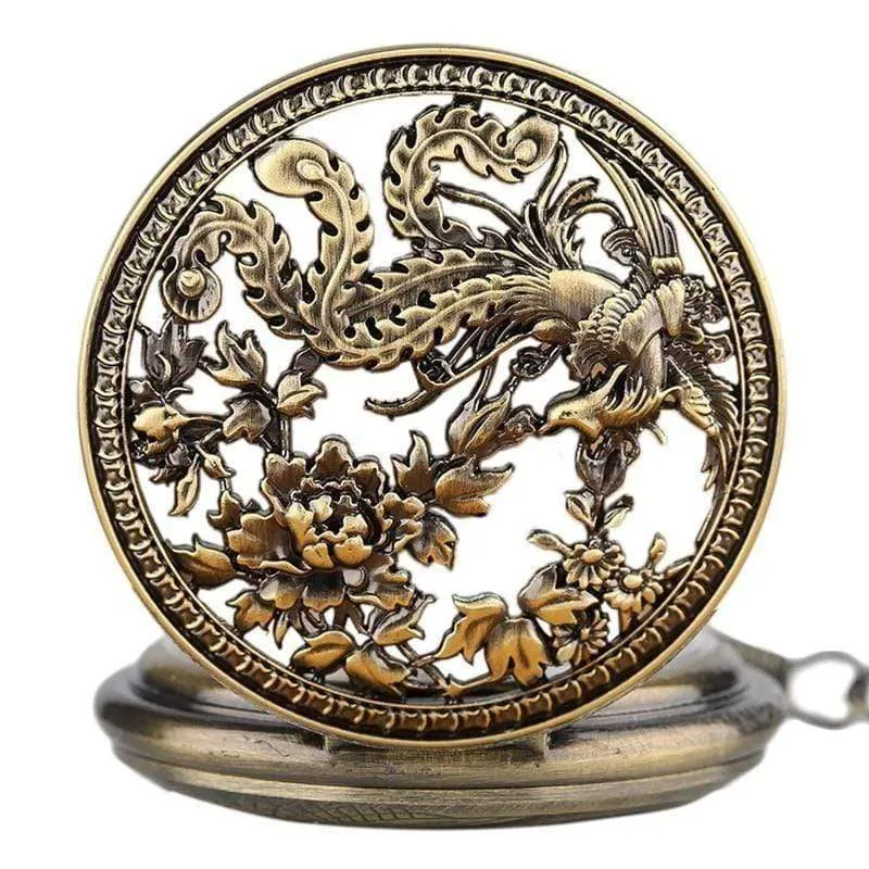 Taschenuhr Retro Hollow Phoenix mit Peaony Carving Fob Chain Einzigartige Art Clock Roman Liebhaber Freunde Geschenke