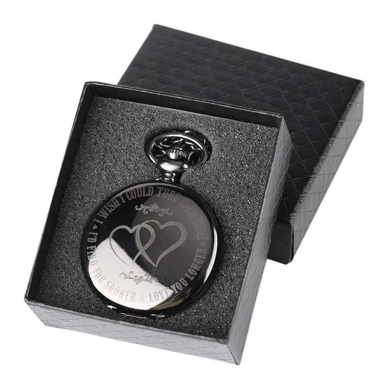 Retro Black Smooth Quartz Einzigartige gravierte Custom LOVE Taschenuhr mit 30cm Ketten Geschenkbox