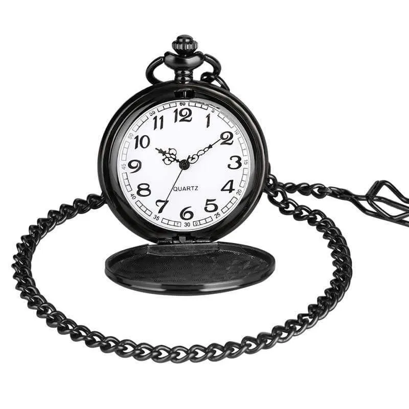 Retro Black Smooth Quartz Einzigartige gravierte Custom LOVE Taschenuhr mit 30cm Ketten Geschenkbox