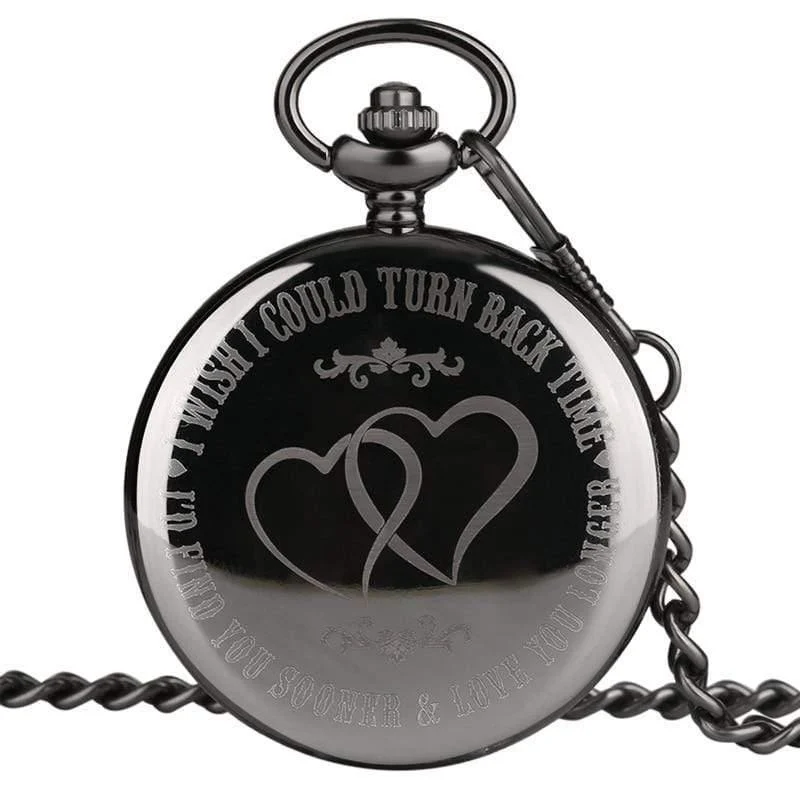 Retro Black Smooth Quartz Einzigartige gravierte Custom LOVE Taschenuhr mit 30cm Ketten Geschenkbox