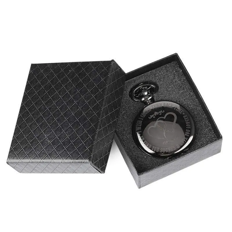 Retro Black Smooth Quartz Einzigartige gravierte Custom LOVE Taschenuhr mit 30cm Ketten Geschenkbox