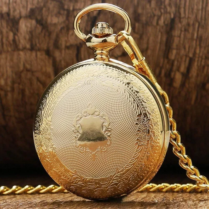 Goldene Shiled Design Skelett schwarzes Zifferblatt mechanische Handaufzug Taschenuhr für Männer Frauen Geschenk mit Kette