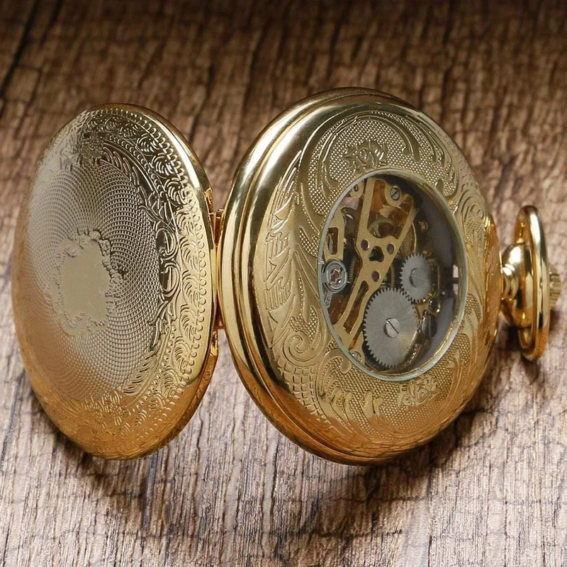 Goldene Shiled Design Skelett schwarzes Zifferblatt mechanische Handaufzug Taschenuhr für Männer Frauen Geschenk mit Kette