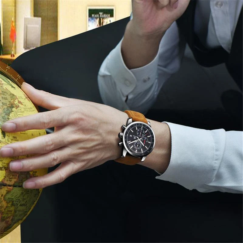Männer Uhr Top Marke Luxus Männlichen Leder Wasserdicht Chronograph Quarz Militär Armbanduhr Männer Uhr saat