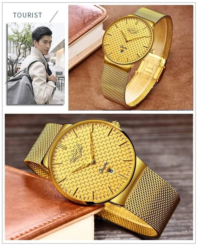 Herren Uhren Top Brand Luxus Ultra Dünne Quarz Uhr Männer Stahl Mesh Armband Wasserdicht Gold Uhr Relogio Masculino