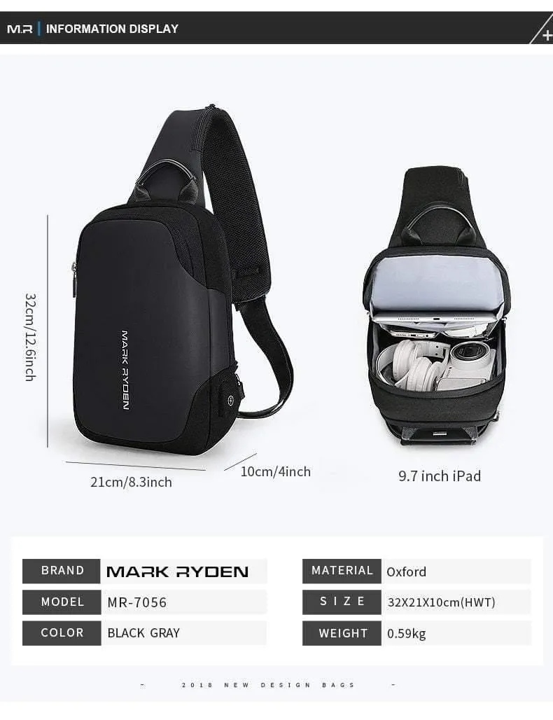Anti-Dieb-Umhängetasche, wasserdichte Herren-Sling-Brusttasche, passend für 9.7 Zoll iPad, modische Umhängetasche