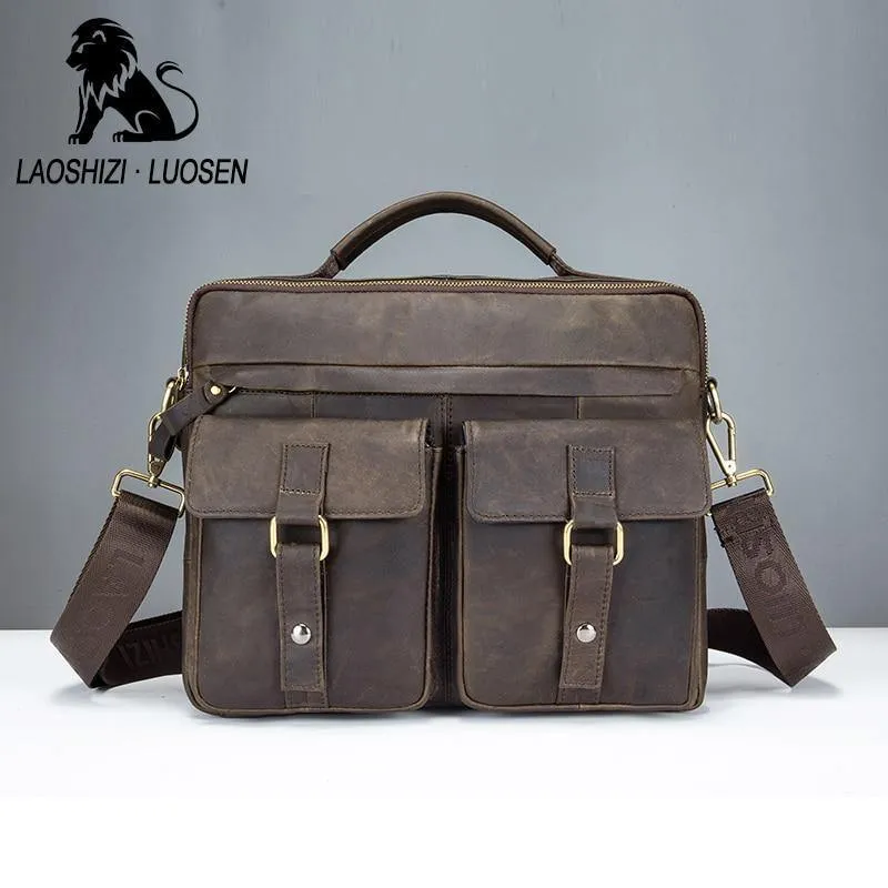 Echtes Leder Vintage Herren Tasche Handtasche Business Casual Herren Travel Laptop Tasche Umhängetaschen Tote Aktentasche