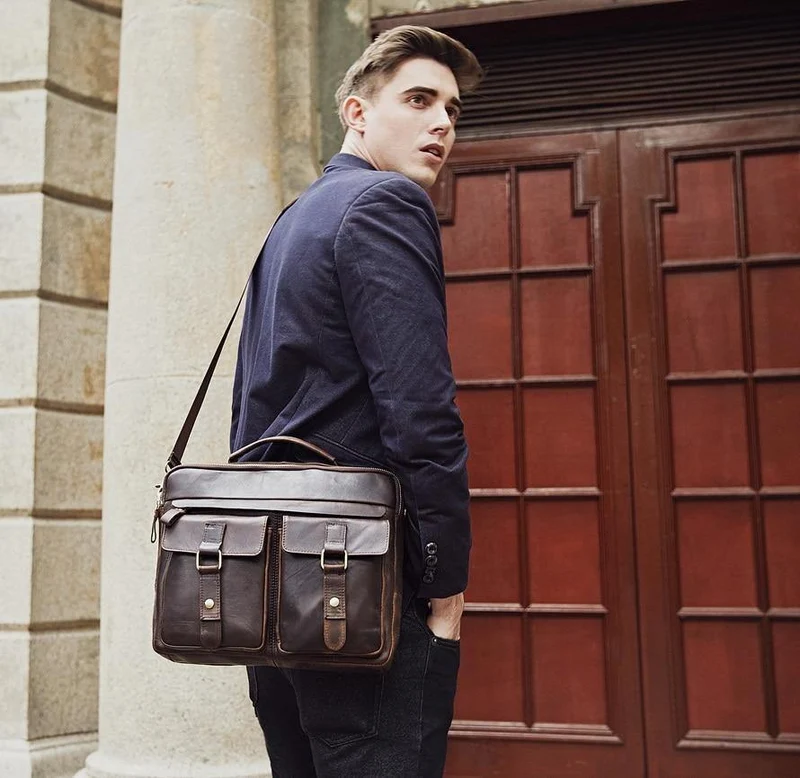 Echtes Leder Vintage Herren Tasche Handtasche Business Casual Herren Travel Laptop Tasche Umhängetaschen Tote Aktentasche