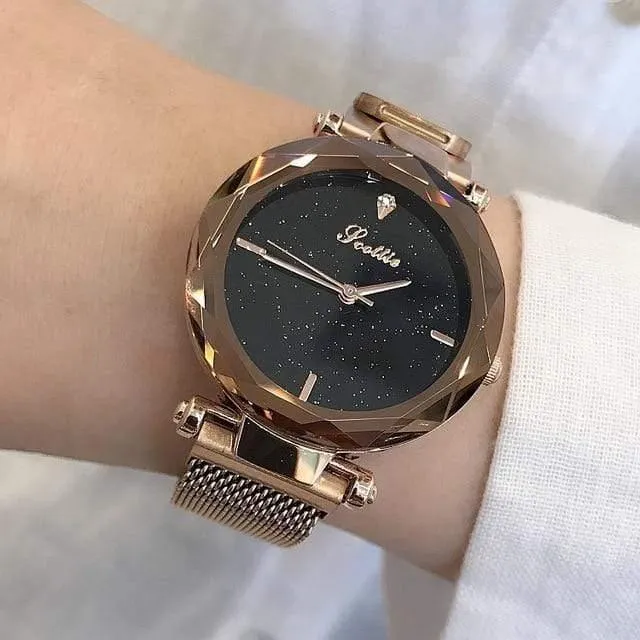 Dame kristall uhr magnetschnalle frauen kleiden uhr mode quarzuhr weiblichen edelstahl armbanduhren