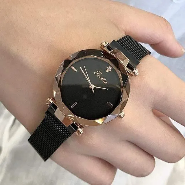 Dame kristall uhr magnetschnalle frauen kleiden uhr mode quarzuhr weiblichen edelstahl armbanduhren
