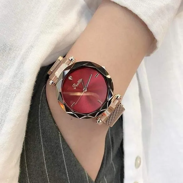 Dame kristall uhr magnetschnalle frauen kleiden uhr mode quarzuhr weiblichen edelstahl armbanduhren