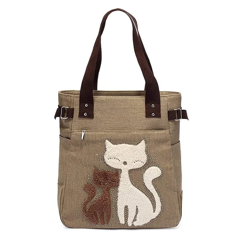 Damen Messenger-Handtasche aus Segeltuch mit süßer Katze, kleine Einkaufs-Umhängetasche