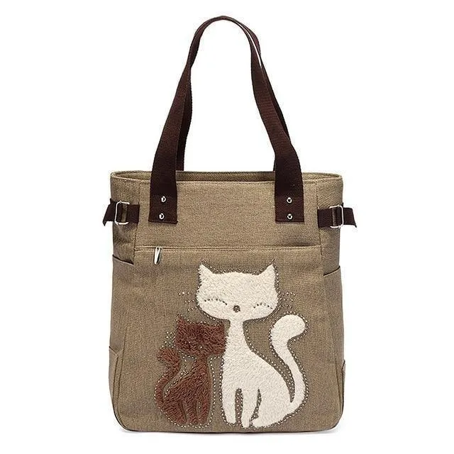 Damen Messenger-Handtasche aus Segeltuch mit süßer Katze, kleine Einkaufs-Umhängetasche