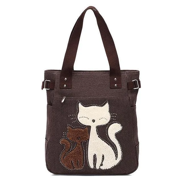 Damen Messenger-Handtasche aus Segeltuch mit süßer Katze, kleine Einkaufs-Umhängetasche
