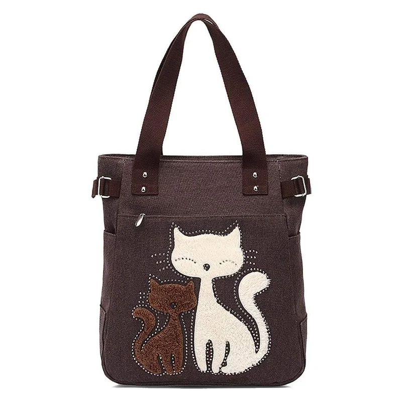 Damen Messenger-Handtasche aus Segeltuch mit süßer Katze, kleine Einkaufs-Umhängetasche