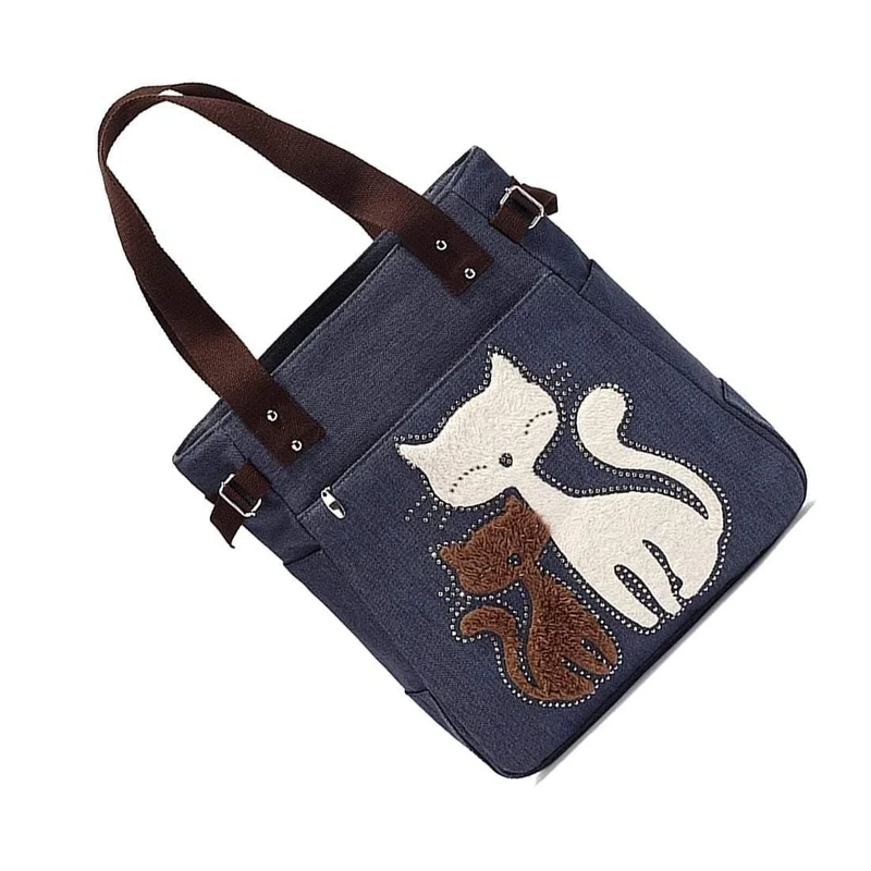 Damen Messenger-Handtasche aus Segeltuch mit süßer Katze, kleine Einkaufs-Umhängetasche
