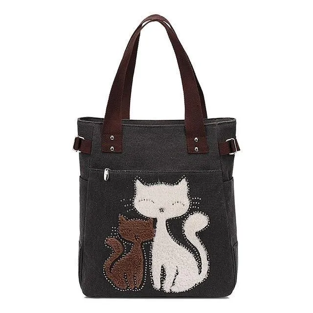 Damen Messenger-Handtasche aus Segeltuch mit süßer Katze, kleine Einkaufs-Umhängetasche