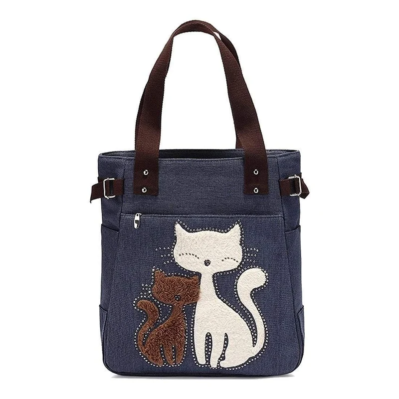 Damen Messenger-Handtasche aus Segeltuch mit süßer Katze, kleine Einkaufs-Umhängetasche
