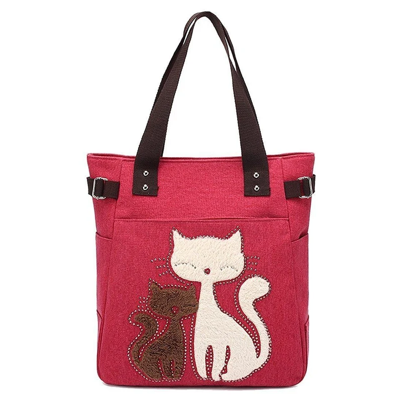 Damen Messenger-Handtasche aus Segeltuch mit süßer Katze, kleine Einkaufs-Umhängetasche