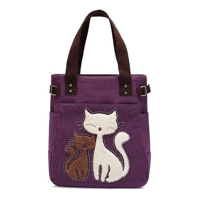 Damen Messenger-Handtasche aus Segeltuch mit süßer Katze, kleine Einkaufs-Umhängetasche