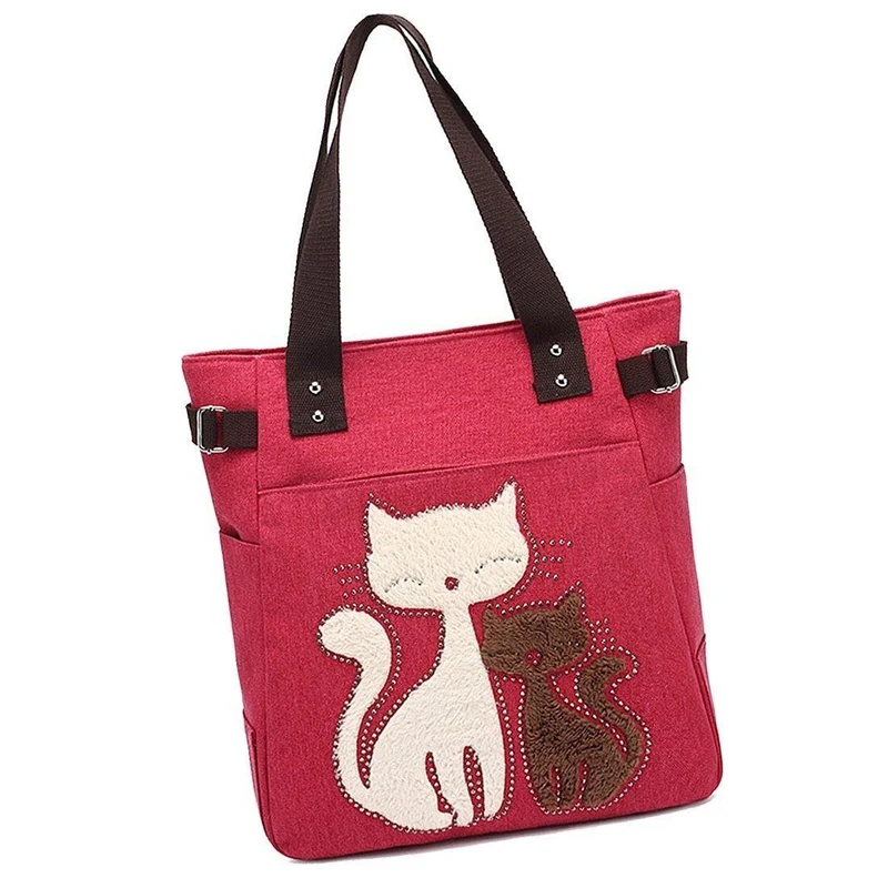 Damen Messenger-Handtasche aus Segeltuch mit süßer Katze, kleine Einkaufs-Umhängetasche