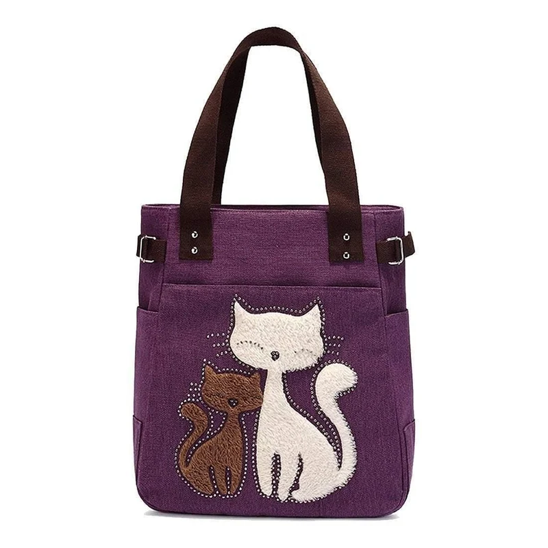Damen Messenger-Handtasche aus Segeltuch mit süßer Katze, kleine Einkaufs-Umhängetasche