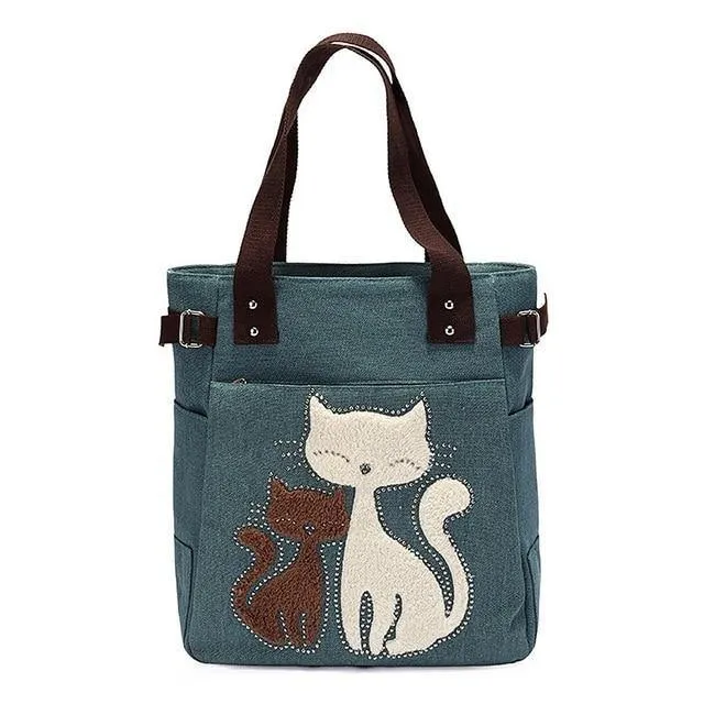 Damen Messenger-Handtasche aus Segeltuch mit süßer Katze, kleine Einkaufs-Umhängetasche