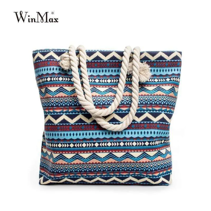 Sommer Frauen Leinwand böhmischen stil streifen Schulter Strand Tasche Weibliche Casual Tote Shopping Big Bag floral Messenger Taschen