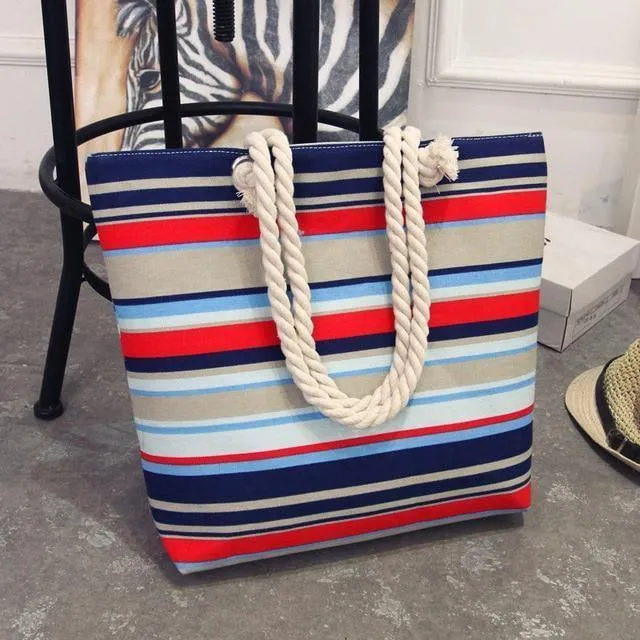 Sommer Frauen Leinwand böhmischen stil streifen Schulter Strand Tasche Weibliche Casual Tote Shopping Big Bag floral Messenger Taschen