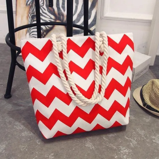 Sommer Frauen Leinwand böhmischen stil streifen Schulter Strand Tasche Weibliche Casual Tote Shopping Big Bag floral Messenger Taschen