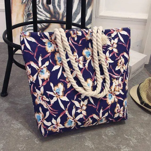 Sommer Frauen Leinwand böhmischen stil streifen Schulter Strand Tasche Weibliche Casual Tote Shopping Big Bag floral Messenger Taschen