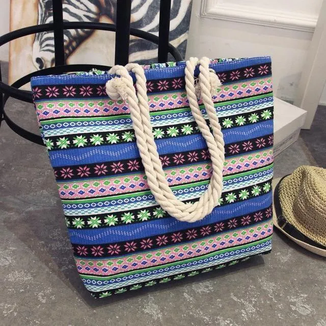 Sommer Frauen Leinwand böhmischen stil streifen Schulter Strand Tasche Weibliche Casual Tote Shopping Big Bag floral Messenger Taschen