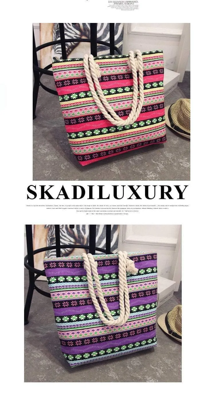Sommer Frauen Leinwand böhmischen stil streifen Schulter Strand Tasche Weibliche Casual Tote Shopping Big Bag floral Messenger Taschen