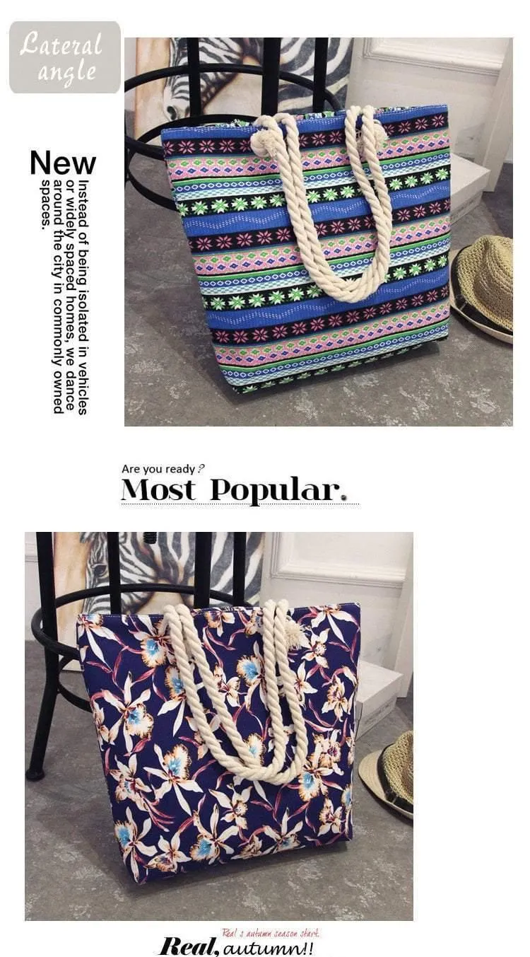 Sommer Frauen Leinwand böhmischen stil streifen Schulter Strand Tasche Weibliche Casual Tote Shopping Big Bag floral Messenger Taschen