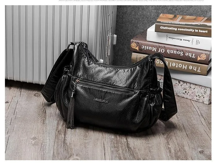 Damen Casual Hobos Frauen Messenger Taschen Umhängetasche Weiche gewaschen PU Leder Schulter Tasche Quaste Mode Weibliche Handtasche