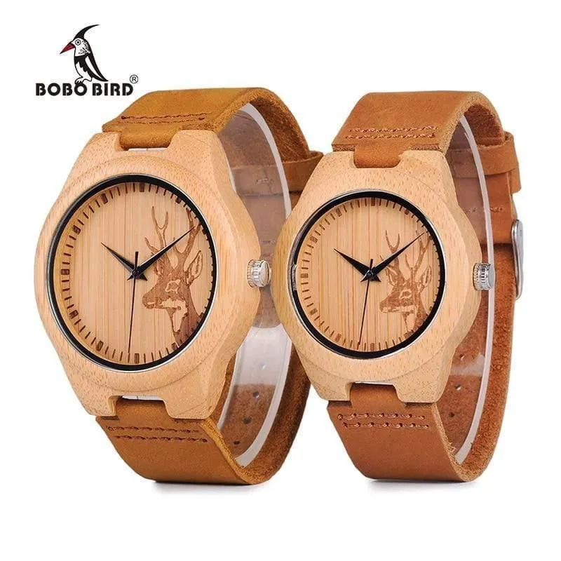 Uhr Männer Elch Hirschkopf Bambus Gravur Uhren Frauen mit Echtes Leder Liebhaber Armbanduhren relogio masculino