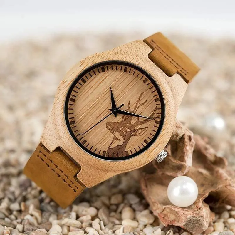 Uhr Männer Elch Hirschkopf Bambus Gravur Uhren Frauen mit Echtes Leder Liebhaber Armbanduhren relogio masculino