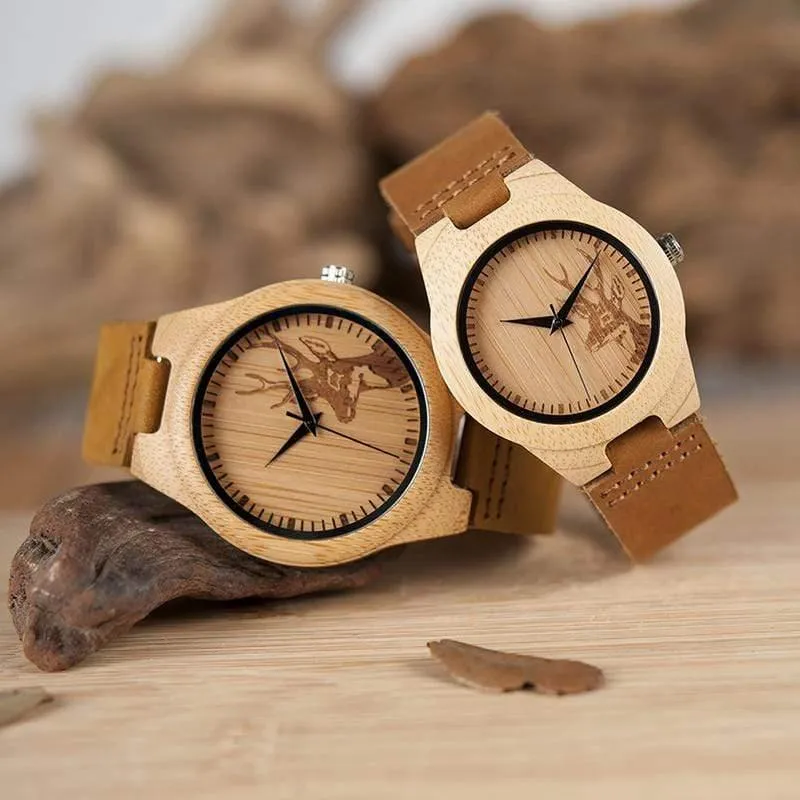 Uhr Männer Elch Hirschkopf Bambus Gravur Uhren Frauen mit Echtes Leder Liebhaber Armbanduhren relogio masculino