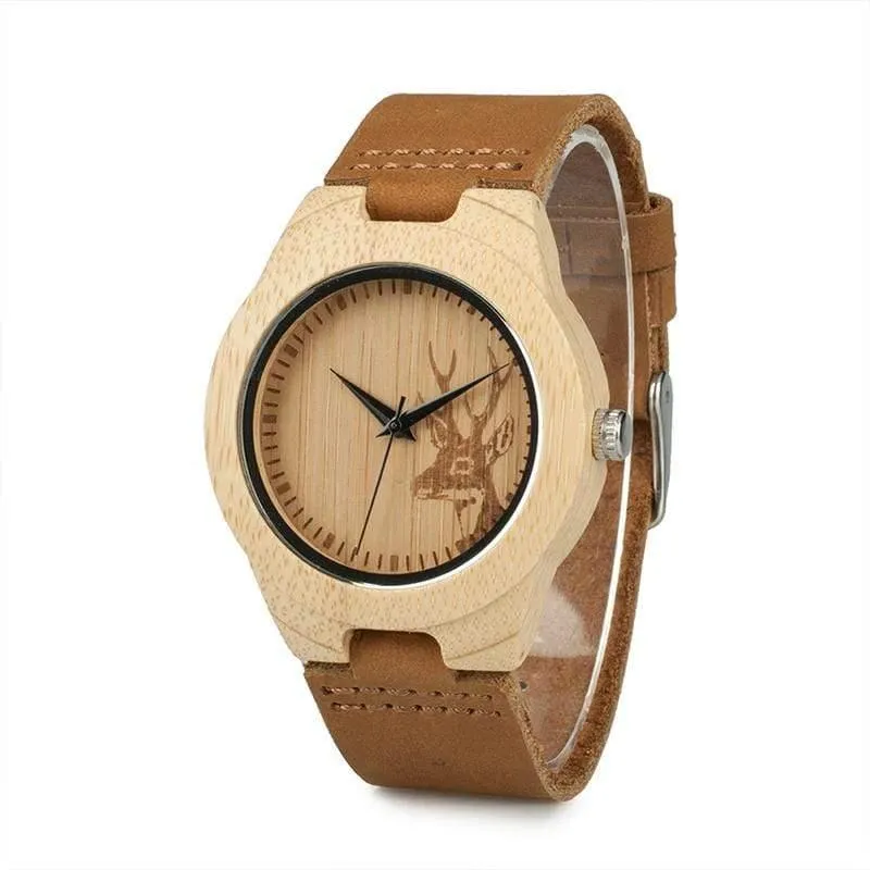 Uhr Männer Elch Hirschkopf Bambus Gravur Uhren Frauen mit Echtes Leder Liebhaber Armbanduhren relogio masculino