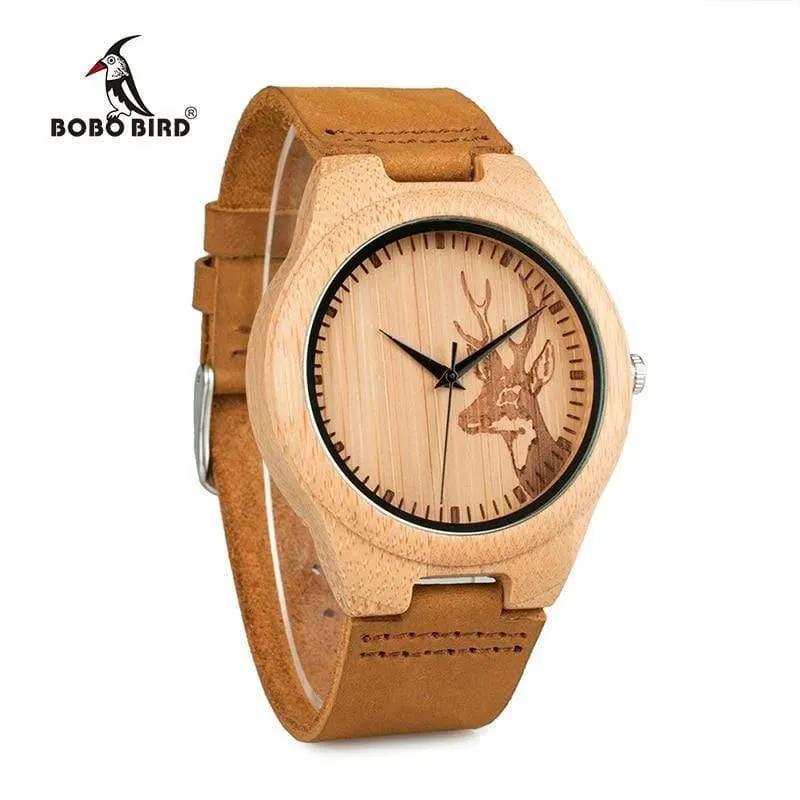 Uhr Männer Elch Hirschkopf Bambus Gravur Uhren Frauen mit Echtes Leder Liebhaber Armbanduhren relogio masculino