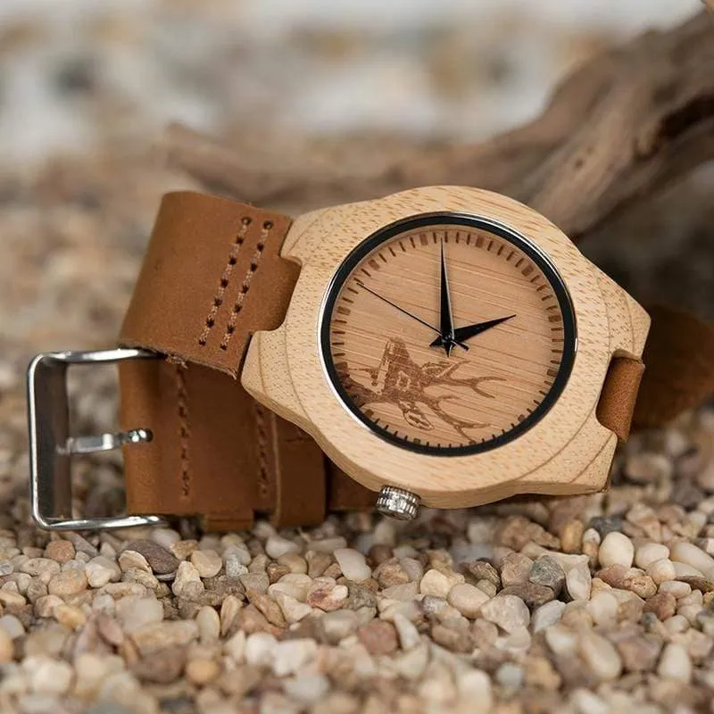 Uhr Männer Elch Hirschkopf Bambus Gravur Uhren Frauen mit Echtes Leder Liebhaber Armbanduhren relogio masculino